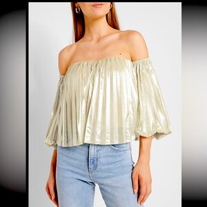 Metallic Pleated Off The Shoulder Balloon Sleeve Top NWT